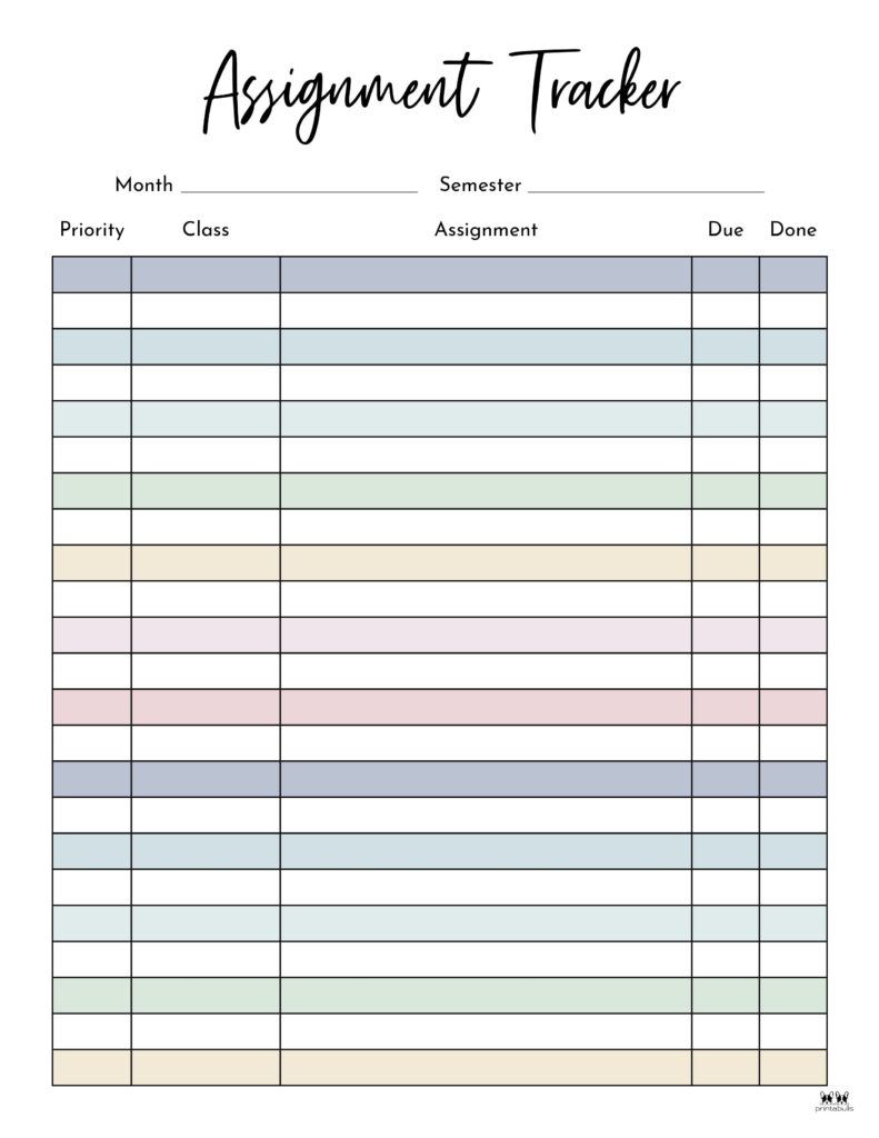 assignment trackers - 12 free printables | printabulls